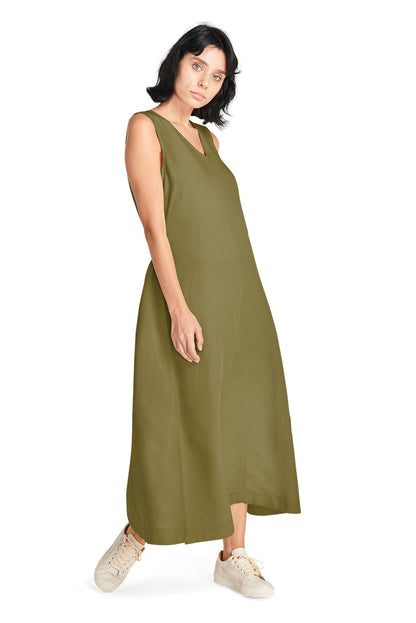 Beige V-Neck Sleeveless Midi Dress