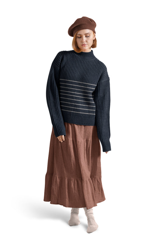 Chunky Ribbed Turtleneck Sweater with Stripe Detail