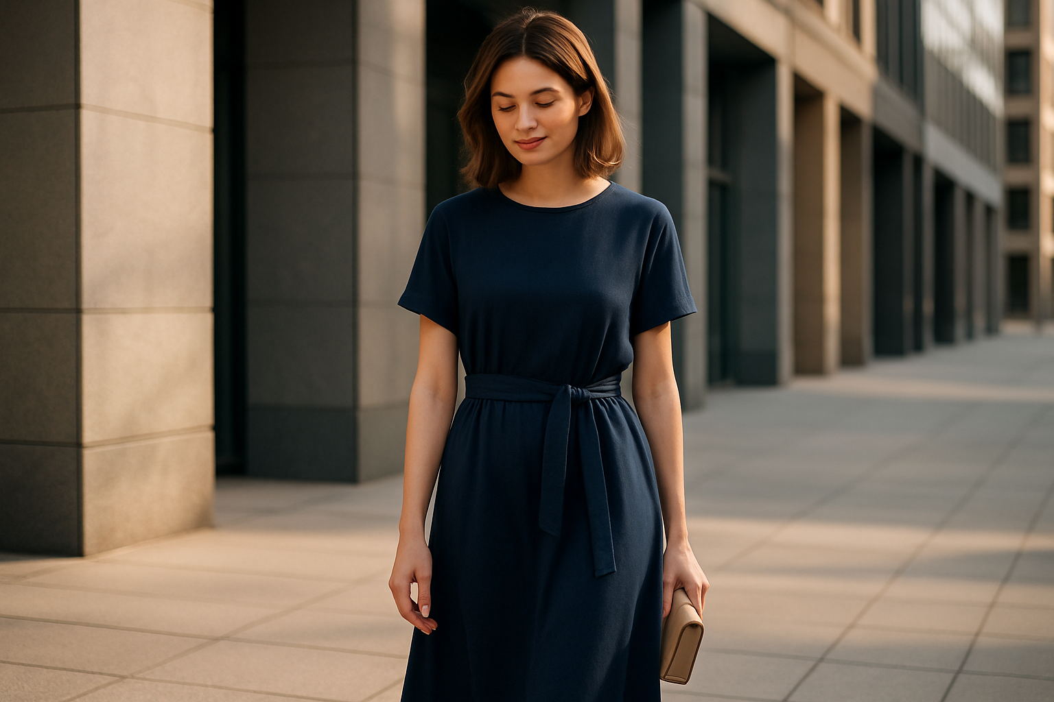 Navy Blue Belted Midi Dress