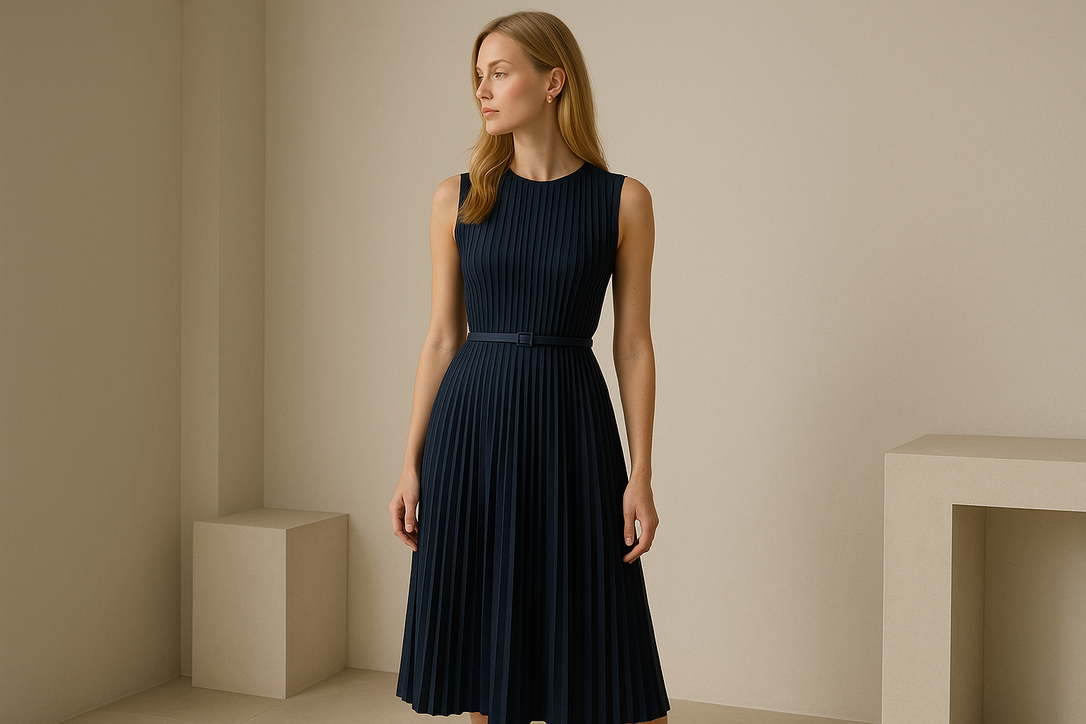 Navy Blue Pleated Dress